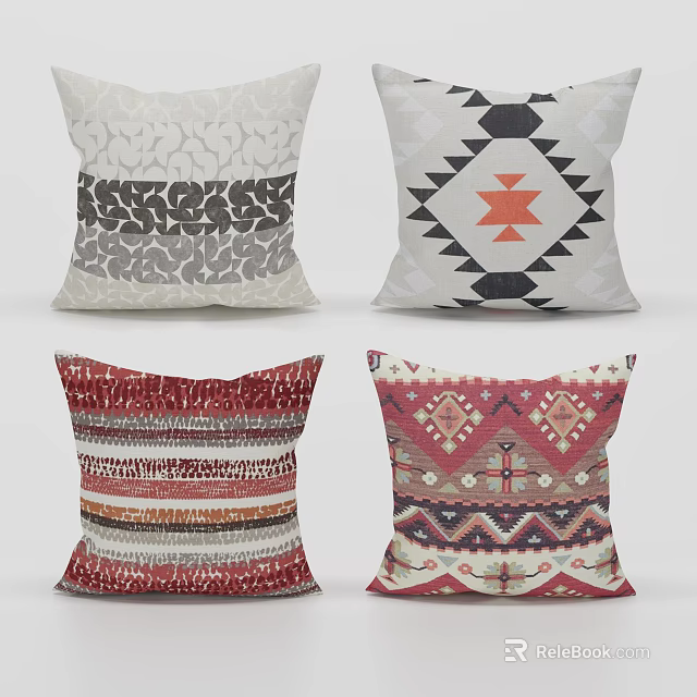 Decorative Multicolor Throw Pillows With Geometric Patterns And Striped Ethnic Designs 3d model