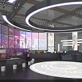 Modern Exhibition Hall With Large Colorful Screens Dancer Silhouettes Circular Lighting And White Seats