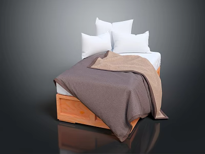 Single Bed With White Pillows And Brown Blanket On Wooden Frame 3d model