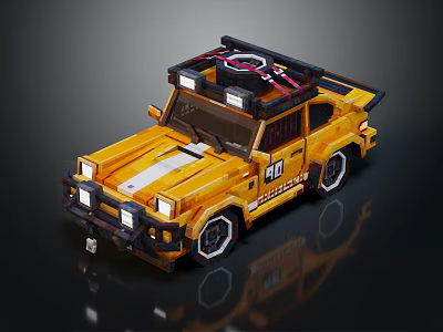 Vintage Yellow Brick Model Car With Roof Rack Spare Tire And White Stripes Number 40 3d model
