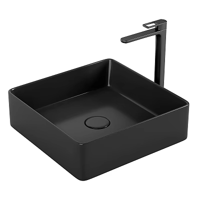 Modern Black Square Ceramic Washbasin With Glossy Surface And Sleek Faucet 3d model