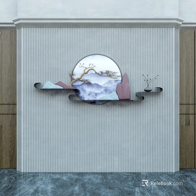 Modern Chinese Wall Decor Featuring Circular Landscape Pattern And Branch Accents 3d model 