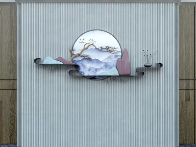 Modern Chinese Wall Decor Featuring Circular Landscape Pattern And Branch Accents 3d model