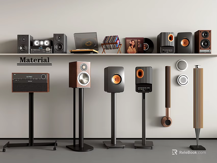 Headphones and Speakers Various Styles Home Audio Equipment With Wooden Black Design And Vinyl Records 3d model 