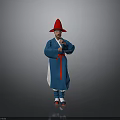 Man Wearing Blue Traditional Costume With Red Hat Standing On Gray Background
