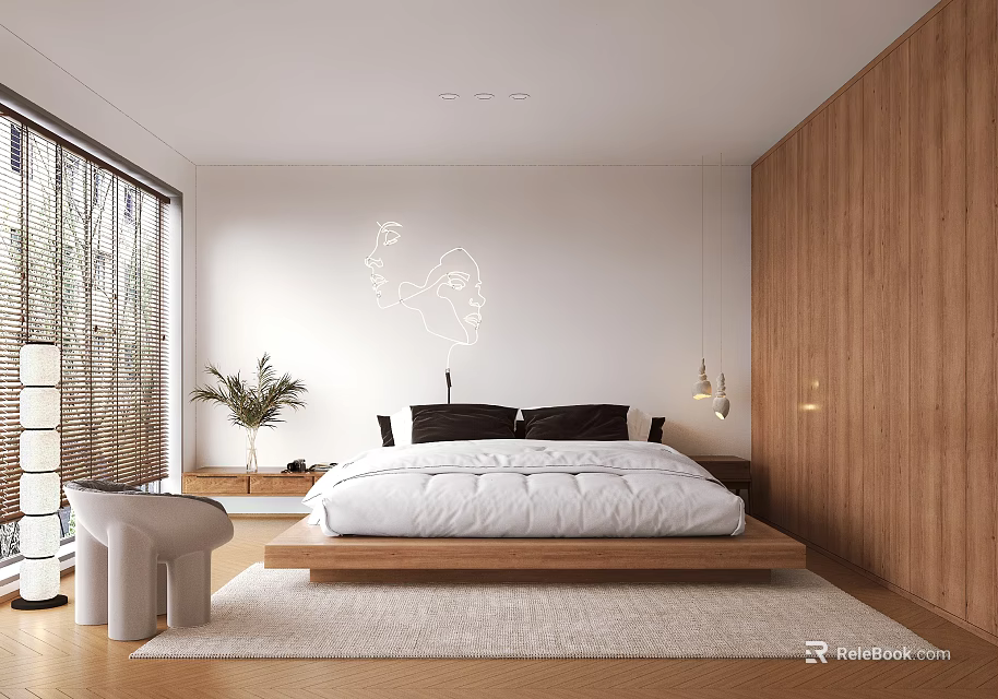 Modern Bedroom Interior Design With Wooden Wall Large Window Wooden Bed Frame And White Bedding 3d model 