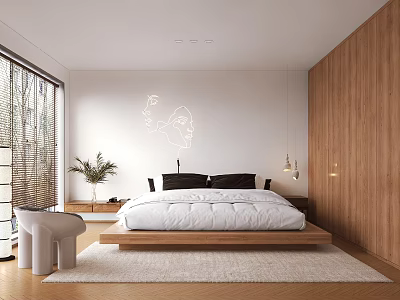 Modern Bedroom Interior Design With Wooden Wall Large Window Wooden Bed Frame And White Bedding 3d model