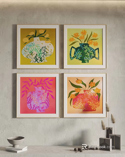 Colorful Vase And Flower Decorative Paintings On Light Wall With Frames 3d model