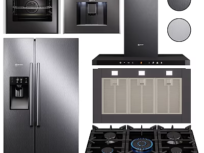 Modern Kitchen Appliances With Refrigerator Oven Range Hood And Gas Stove 3d model