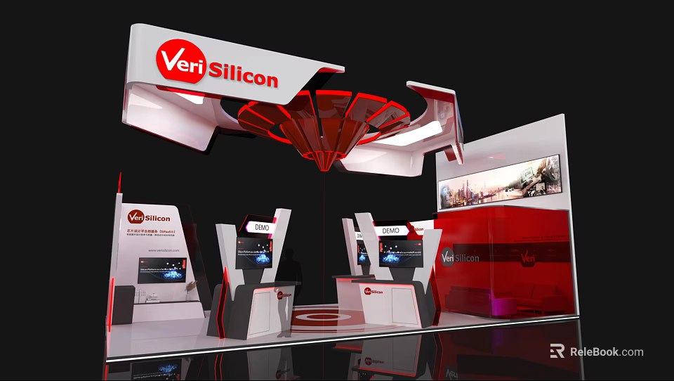 VeriSilicon Exhibition Booth Modern Design Featuring Display Screens And Red White Elements 3d model 