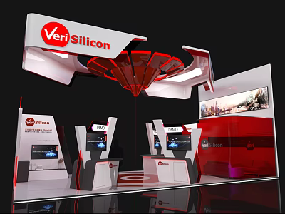 VeriSilicon Exhibition Booth Modern Design Featuring Display Screens And Red White Elements 3d model