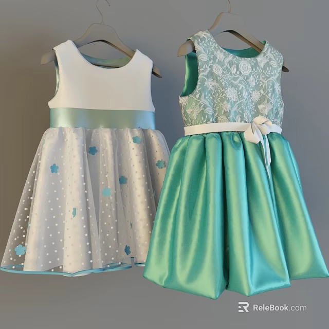 Girls Dresses With White Top Light Green Sash Floral Tulle And Lace Satin Skirt 3d model 