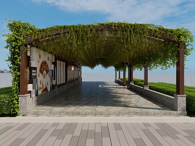 Scenic School Building Corridor With Vine Covered Pergola Columns And Stone Pavement 3d model