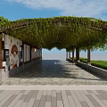 Scenic School Building Corridor With Vine Covered Pergola Columns And Stone Pavement