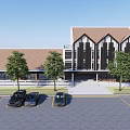 Modern Multi Story Residential Building With Balconies Parking Lot And Green Trees