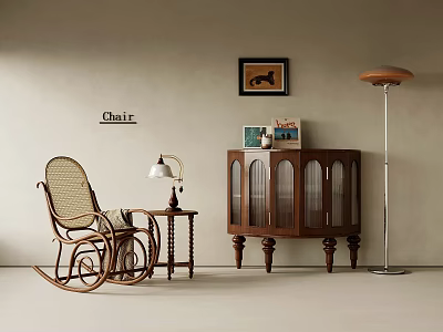 Wicker Rocking Chair Side Table Lamp Wooden Cabinet Floor Lamp And Framed Picture In Room 3d model
