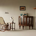 Wicker Rocking Chair Side Table Lamp Wooden Cabinet Floor Lamp And Framed Picture In Room