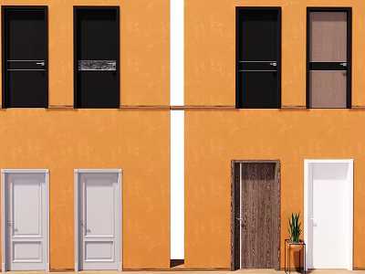 Various Swing Doors in Black White and Wooden Finishes on Orange Exterior Wall 3d model