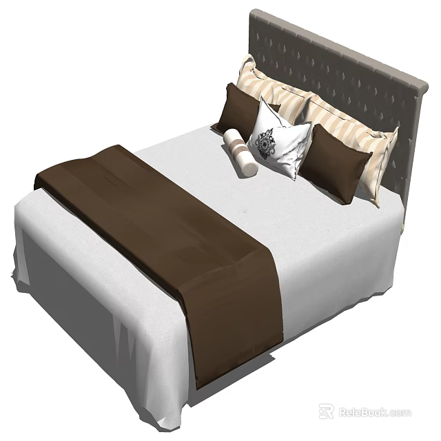 Double Bed with Gray Upholstered Headboard White Bedspread Brown Runner and Pillows 3d model