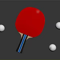 Red Table Tennis Racket With Blue Stripe Handle And Three White Balls