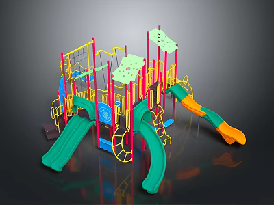 Colorful Playground Structure With Slides Climbing Nets And Canopies 3d model