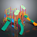 Colorful Playground Structure With Slides Climbing Nets And Canopies