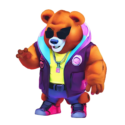 Stylish Bear Doll Wearing Purple Vest Yellow T-shirt Sunglasses and Necklace 3d model