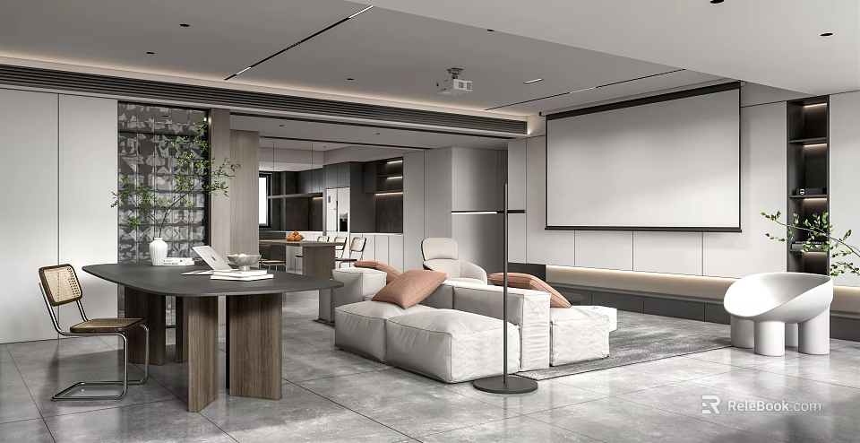 Modern Living Dining Room Interior With Sofa Dining Table And Projection Screen 3d model