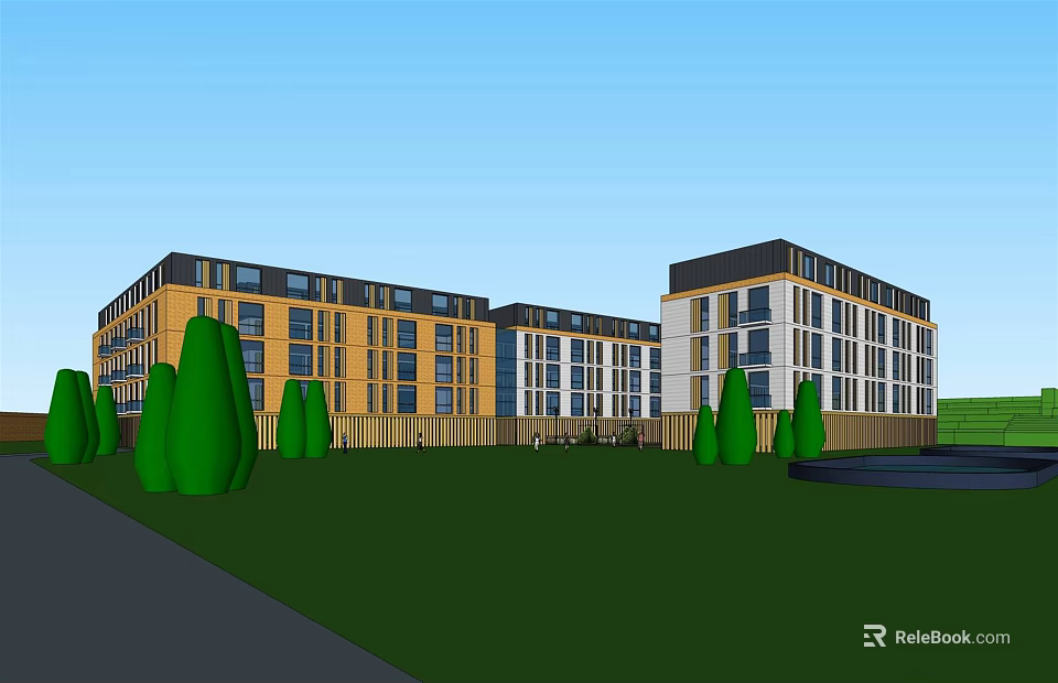 Modern Multi Storey Apartment Building With Green Lawn And Trees 3d model