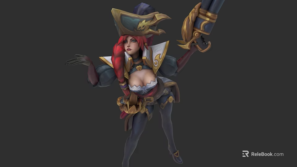 Pirate Themed Game Character With Red Hair Feathered Hat And Large Weapon 3d model 