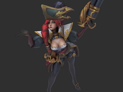 Pirate Themed Game Character With Red Hair Feathered Hat And Large Weapon 3d model