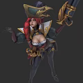 Pirate Themed Game Character With Red Hair Feathered Hat And Large Weapon