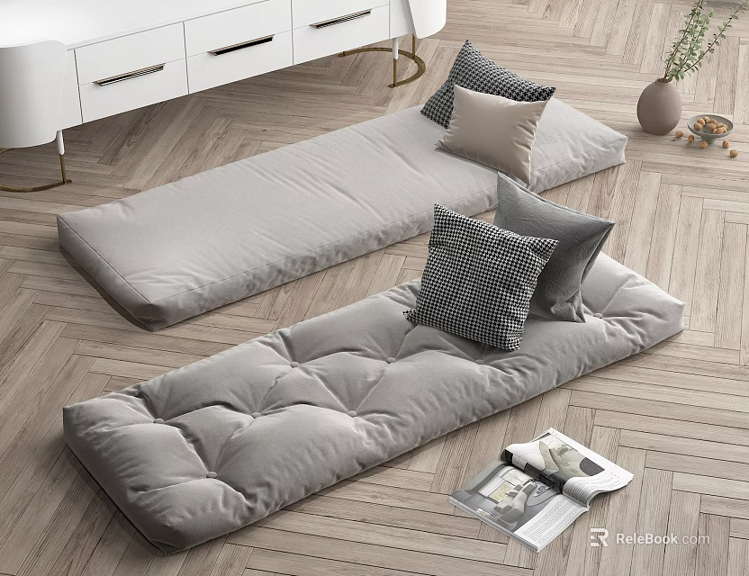 Gray Floor Cushions With Decorative Pillows On Wooden Floor And White Drawer Cabinet 3d model 