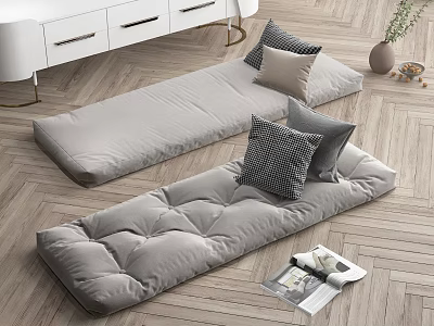 Gray Floor Cushions With Decorative Pillows On Wooden Floor And White Drawer Cabinet 3d model