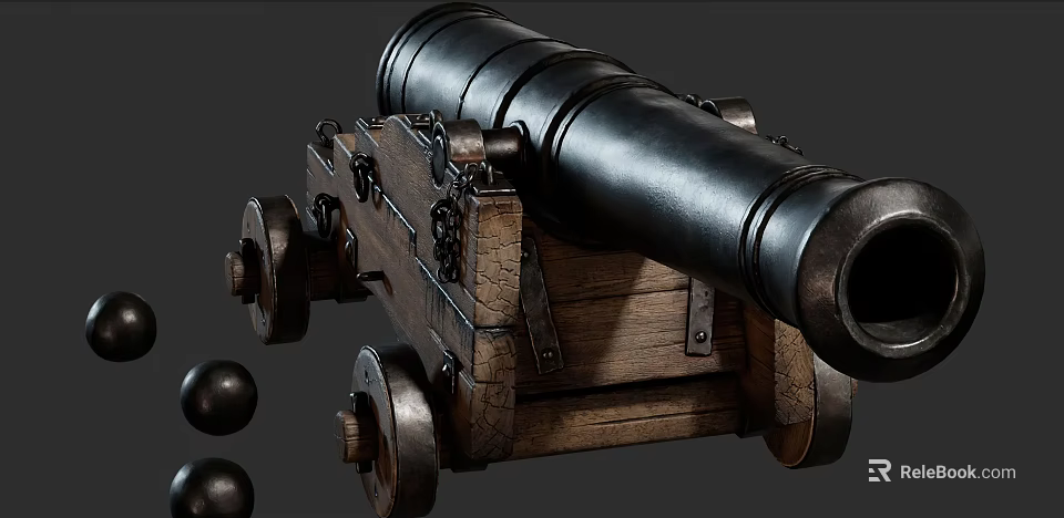 Vintage Historical Cannon With Wooden Carriage Black Barrel And Cannonballs 3d model 