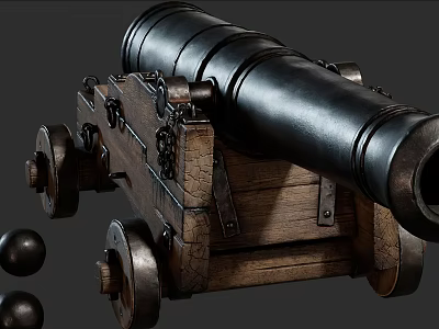 Vintage Historical Cannon With Wooden Carriage Black Barrel And Cannonballs 3d model