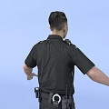 Man in Black Security Uniform With Badge Radio and Equipment Belt Front and Back Views