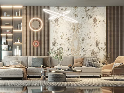 Modern Living Room Interior With Gray Sofa Coffee Table Marble Wall Wooden Panels And Plants 3d model