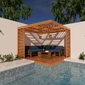 Courtyard Garden with Swimming Pool Wooden Deck Lounge Chairs Green Lawn and White Walls