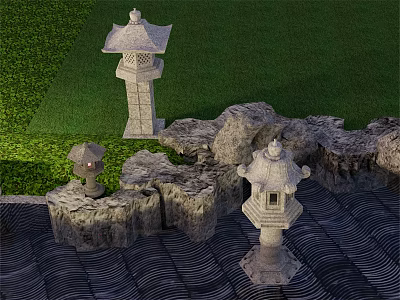 Traditional Garden Landscape With Stone Lanterns Rocks Green Grass And Wavy Pavement 3d model