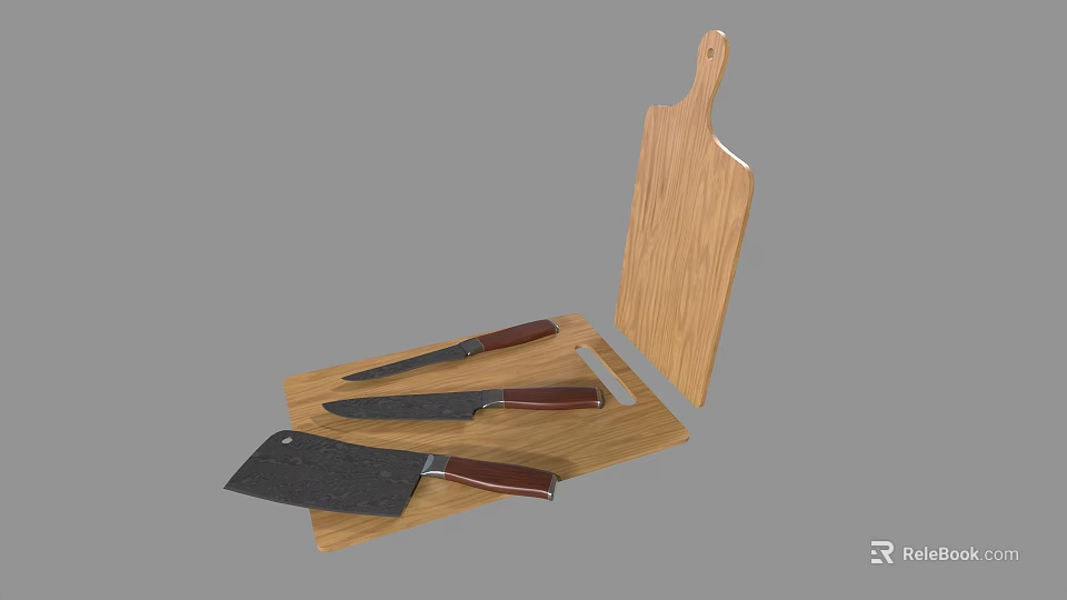 Cooking Tools Wooden Cutting Board With Three Kitchen Knives Red Handles 3d model 