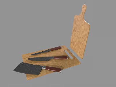 Cooking Tools Wooden Cutting Board With Three Kitchen Knives Red Handles 3d model