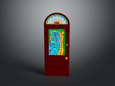 Red Arched Front Door with Colorful Stained Glass Panel Vibrant Blue Green Yellow Patterns 3d model