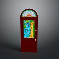 Red Arched Front Door with Colorful Stained Glass Panel Vibrant Blue Green Yellow Patterns