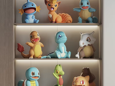 Plush Stuffed Dolls Display On Shelves With Colorful Designs And Cute Character Shapes 3d model