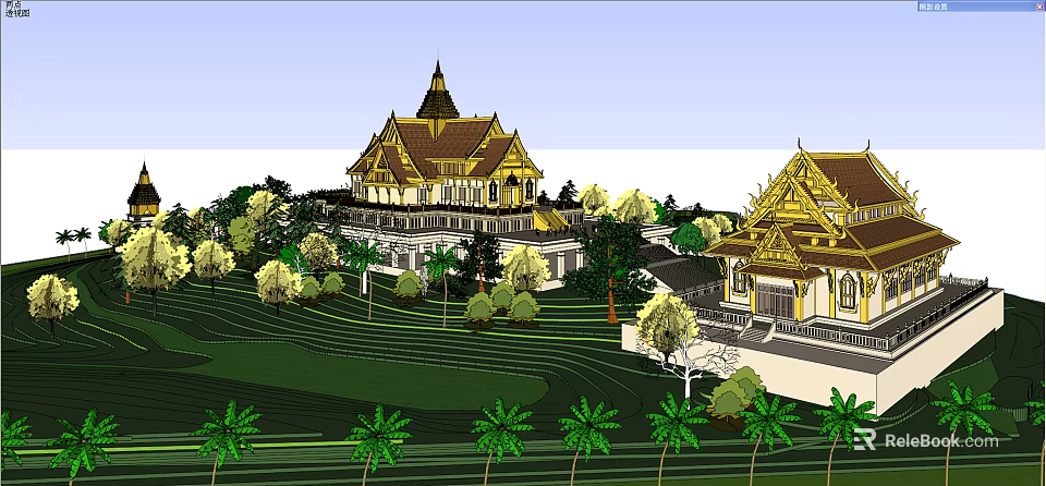 Traditional Thai Architecture With Golden Spires And Ornate Roofs Surrounded By Lush Green Lawns And Trees 3d model 