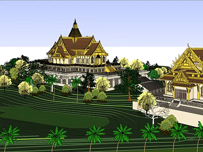 Traditional Thai Architecture With Golden Spires And Ornate Roofs Surrounded By Lush Green Lawns And Trees 3d model