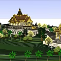 Traditional Thai Architecture With Golden Spires And Ornate Roofs Surrounded By Lush Green Lawns And Trees