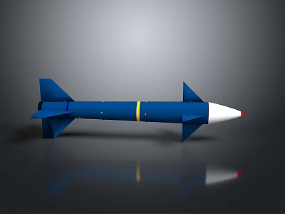 Blue Military Missile With White Conical Head Yellow Band And Blue Fins On Gray Background With Reflection 3d model