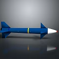 Blue Military Missile With White Conical Head Yellow Band And Blue Fins On Gray Background With Reflection